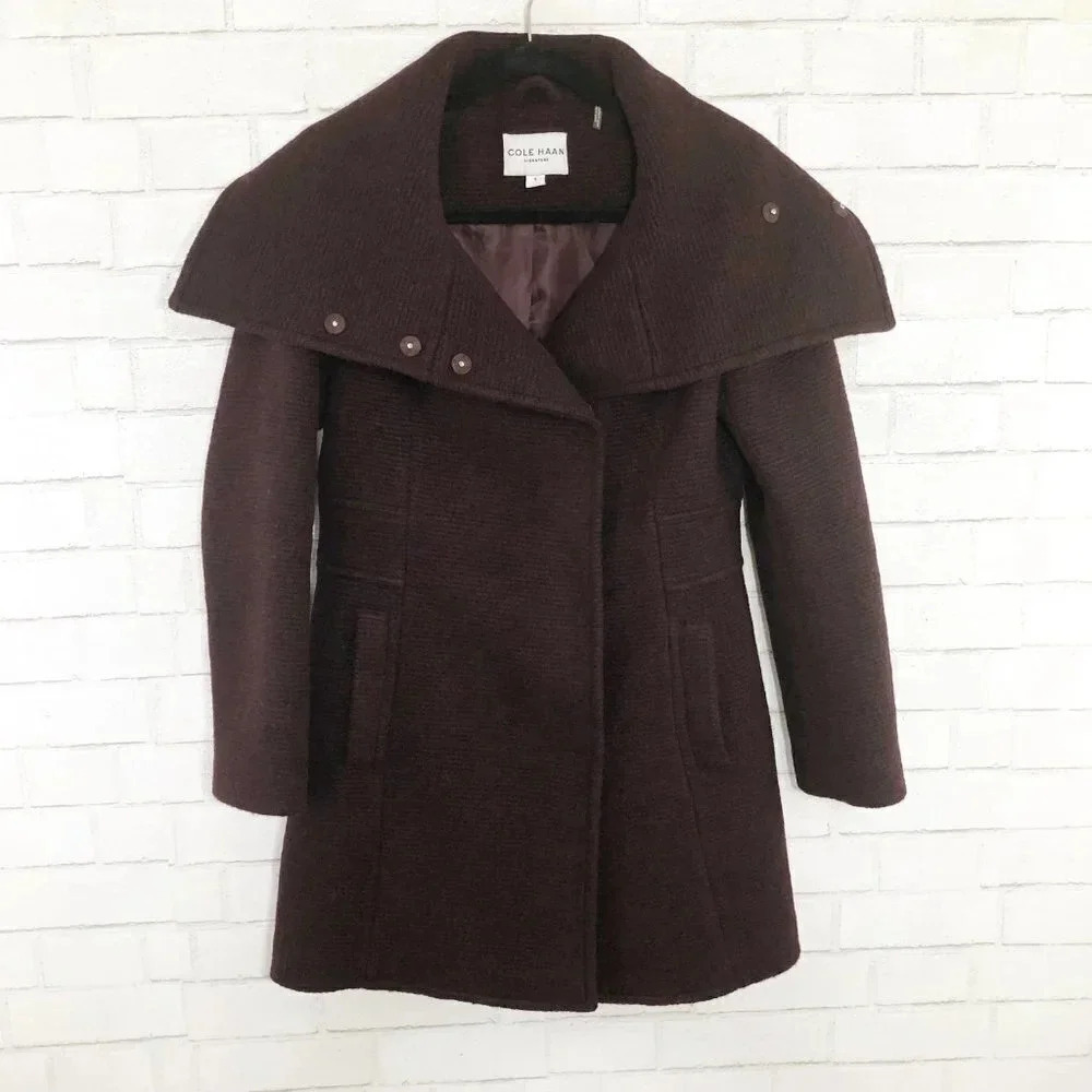 Cole Haan Maroon Textured Envelope Collar Winter Coat Women's Size 4